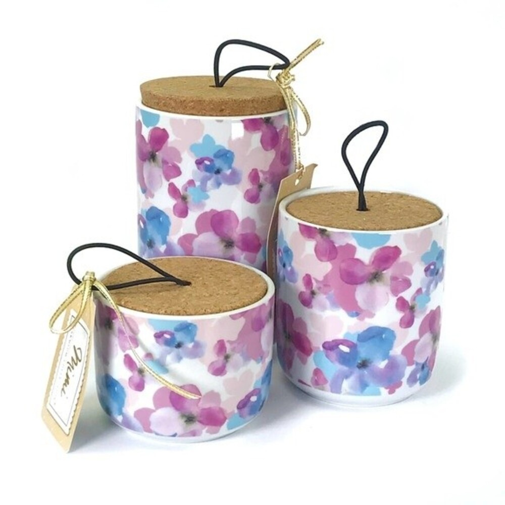 Mimi Premium Collection Ceramic Canister Set w/ Cork Lids Floral Pink Blue NEW!